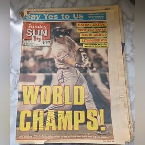 Toronto Blue Jays World Series CHAMPS Sunday SUN Oct 25 '92 Full Print NEWSPAPER